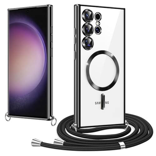 Woijrly Magnetische Handykette mit Band für Samsung Galaxy S23 Ultra Hülle, [Kompatibel mit Magsafe] Handyhülle mit justierbarer Schnur Abnehmbar Strap, Crossbody Schutzhülle zum Umhängen, Schwarz von Woijrly