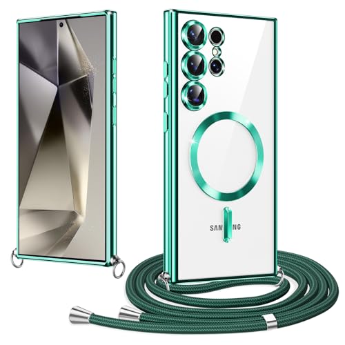 Woijrly Magnetische Handykette mit Band für Samsung Galaxy S24 Ultra Hülle, [Kompatibel mit Magsafe] Handyhülle mit justierbarer Schnur Abnehmbar Strap, Crossbody Schutzhülle zum Umhängen, Grün von Woijrly