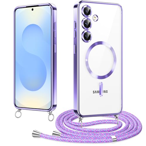 Woijrly Magnetische Handykette mit Band für Samsung Galaxy S25 Hülle, [Kompatibel mit Magsafe] Handyhülle Case mit justierbarer Schnur Abnehmbar Strap, Crossbody Schutzhülle zum Umhängen, Lila von Woijrly