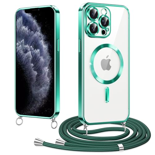 Woijrly Magnetische Handykette mit Band für iPhone 11 Pro Max Hülle, [Kompatibel mit Magsafe] Handyhülle Case mit justierbarer Schnur Abnehmbar Strap, Crossbody Schutzhülle zum Umhängen, Grün von Woijrly