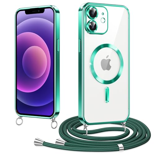 Woijrly Magnetische Handykette mit Band für iPhone 12 Hülle, [Kompatibel mit Magsafe] Handyhülle Case mit justierbarer Schnur Abnehmbar Strap, Crossbody Schutzhülle zum Umhängen Kordel, Grün von Woijrly