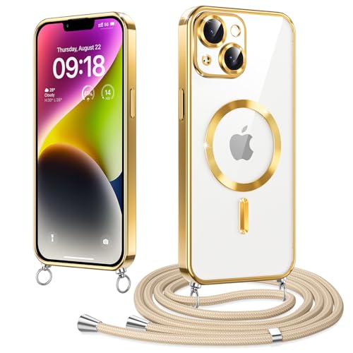 Woijrly Magnetische Handykette mit Band für iPhone 14 Plus Hülle, [Kompatibel mit Magsafe] Handyhülle Case mit justierbarer Schnur Abnehmbar Strap, Crossbody Schutzhülle zum Umhängen, Gold von Woijrly
