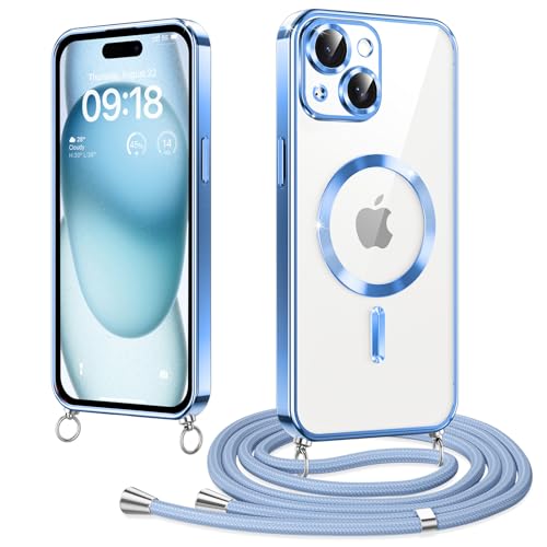 Woijrly Magnetische Handykette mit Band für iPhone 15 Hülle, [Kompatibel mit Magsafe] Handyhülle Case mit justierbarer Schnur Abnehmbar Strap, Crossbody Schutzhülle zum Umhängen Kordel, Blau von Woijrly