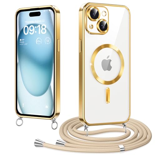 Woijrly Magnetische Handykette mit Band für iPhone 15 Plus Hülle, [Kompatibel mit Magsafe] Handyhülle Case mit justierbarer Schnur Abnehmbar Strap, Crossbody Schutzhülle zum Umhängen, Gold von Woijrly