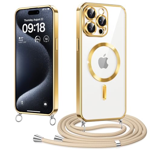 Woijrly Magnetische Handykette mit Band für iPhone 15 Pro Hülle, [Kompatibel mit Magsafe] Handyhülle Case mit justierbarer Schnur Abnehmbar Strap, Crossbody Schutzhülle zum Umhängen Kordel, Gold von Woijrly