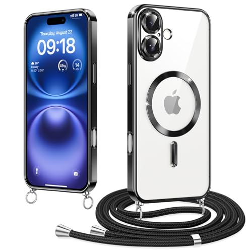 Woijrly Magnetische Handykette mit Band für iPhone 16 Hülle, [Kompatibel mit Magsafe] Handyhülle Case mit justierbarer Schnur Abnehmbar Strap, Crossbody Schutzhülle zum Umhängen Kordel, Schwarz von Woijrly