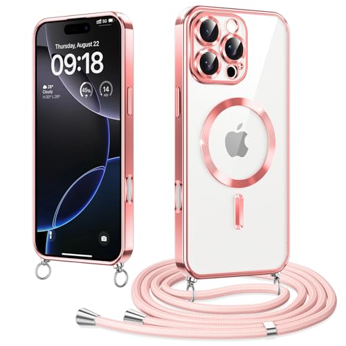 Woijrly Magnetische Handykette mit Band für iPhone 16 Pro Hülle, [Kompatibel mit Magsafe] Handyhülle Case mit justierbarer Schnur Abnehmbar Strap, Crossbody Schutzhülle zum Umhängen Kordel, Rosa von Woijrly