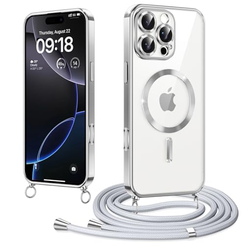 Woijrly Magnetische Handykette mit Band für iPhone 16 Pro Max Hülle, [Kompatibel mit Magsafe] Handyhülle Case mit justierbarer Schnur Abnehmbar Strap, Crossbody Schutzhülle zum Umhängen, Silber von Woijrly