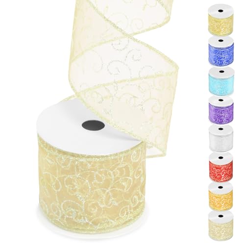 Wokape 1 Rolle 2.5Inch * 10 Yard Glitter Mesh Wired Ribbon Indoor Weihnachtsband Organza Glitter wirbelt verdrahtet Band für Weihnachten Home Decor, Bogen machen, Kranz, DIY Crafts（Champagne） von Wokape