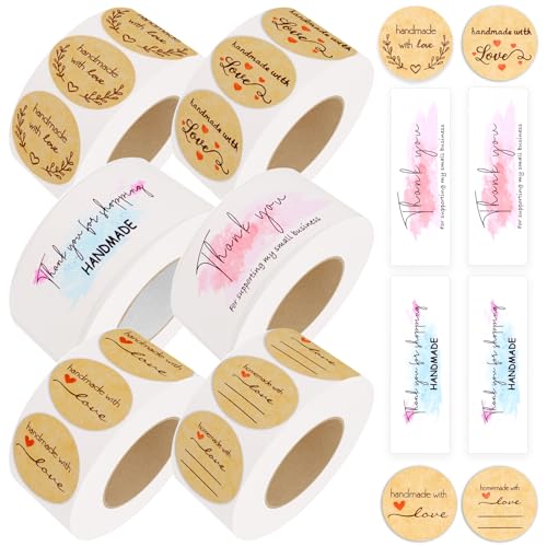 Wokape 3000Pcs 1" ca. 3" × 1" 6 Rollen 6 Muster handgefertigt mit Liebe Aufkleber und Danke Aufkleber Set, Kraft Runde Aufkleber, selbstklebende Aufkleber wasserdichte Aufkleber mit schönen Designs von Wokape