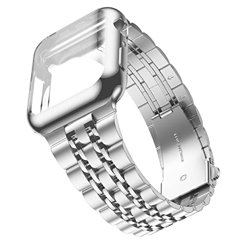 Wolait Kompatibel mit Apple Watch Armband 41 mm mit Hülle, verbessertes Edelstahl-Metall-Business-Band mit Displayschutzfolie für iWatch Serie 8/7/SE Serie 6/5/4/3/2/1, silbernes Band + silbernes von Wolait