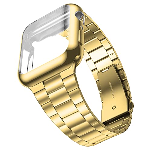 Wolait Kompatibel mit Apple Watch Armband 45 mm mit Hülle, verbessertes Business-Edelstahlband mit Displayschutzfolie für iWatch Serie 8/7/6/SE Serie 5/4/3/2/1,45 mm, Gold von Wolait