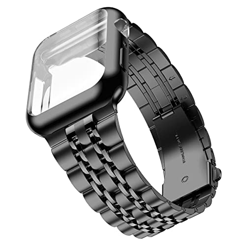 Wolait Kompatibel mit Apple Watch Armband 45 mm mit Hülle, verbessertes Edelstahl-Metall-Business-Band mit Displayschutzfolie für iWatch Serie 8/7/SE Serie 6/5/4/3/2/1, schwarzes Band + schwarzes von Wolait