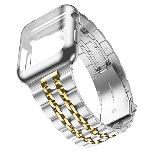 Wolait Kompatibel mit Apple Watch Armband 45 mm mit Hülle, verbessertes Edelstahl-Metall-Business-Band mit Displayschutzfolie für iWatch Serie 9/8/7, silberfarben/goldenes Band + silbernes Gehäuse von Wolait