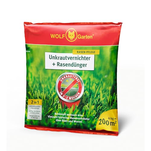 WOLF-Garten 2-in-1: Unkrautvernichter + Rasendünger SQ 200 (Rasendünger und Unkrautvernichter, wirkt über Blätter und Wurzeln, Wirkung bis zu 100 Tagen, ausreichend bis 200 m2) 3840725 von Wolf-Garten