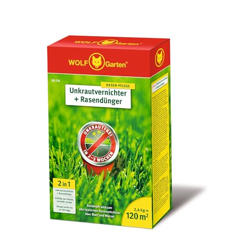 WOLF-Garten 2-in-1: Unkrautvernichter + Rasendünger SQ 120 (Rasendünger und Unkrautvernichter, wirkt über Blätter und Wurzeln, Wirkung bis zu 100 Tagen, ausreichend bis 120 m2) 3840720 von Wolf-Garten