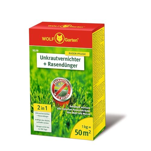 WOLF-Garten 2-in-1: Unkrautvernichter + Rasendünger SQ 50 (Rasendünger und Unkrautvernichter, wirkt über Blätter und Wurzeln, Wirkung bis zu 100 Tagen, ausreichend bis 50 m2) 3840481 von Wolf-Garten