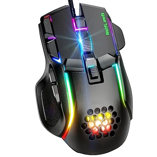 Wired Gaming Maus，PC Gaming Maus, USB Maus mit 12 RGB Hintergrundbeleuchtungsmodi, hochpräzise einstellbare 12800 DPI, 10 programmierbare Tasten, ergonomische Plug Play Gamer Maus für Laptop Mac von WolfLawS