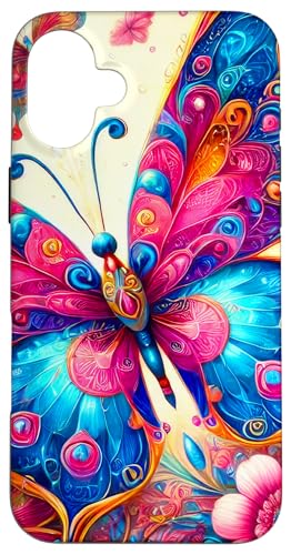 Rosa Blau Schmetterlinge Muster Natur Rosa Blumen Schmetterling Hülle für iPhone 16 Plus von Women's Butterflies Accessories With Butterfly Art