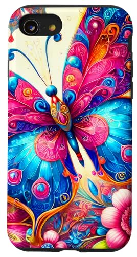 Rosa Blau Schmetterlinge Muster Natur Rosa Blumen Schmetterling Hülle für iPhone SE (2020) / 7 / 8 von Women's Butterflies Accessories With Butterfly Art