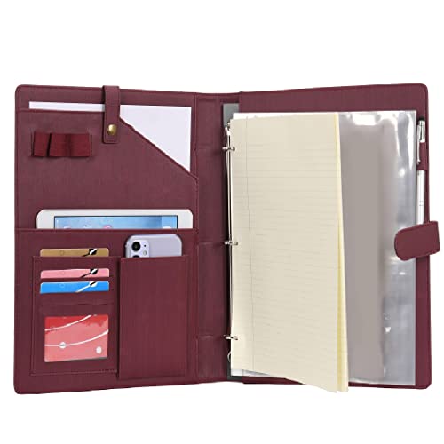 Wonderpool A4 Leder Schreibmappen Portfolio Dokumenten Halter Ringbuch Herausnehmbar Klemmbrett mit Multifach Aschen und Legal/Breit Liniert Pad für Business Organisatoren Konferenz (Weinrot) von Wonderpool