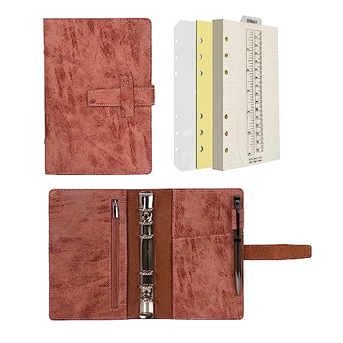 Wonderpool A6 Leder Ringbuch Tagebuch Notizbuch Organizer Ordner - Nachfüllbar Gepunktetes Papier und Multi Taschen für Business Studium Reisen (A6, Braun) von Wonderpool