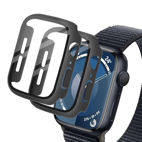 Wondoner Hülle mit Displayschutz für Apple Watch 9 45mm Handyhülle Schutzfolie Apple Watch 9 45mm Schutzhülle Case Apple Watch Series 7/8/9 45mm, 9H, für iWatch S9/S8/S7 45mm- 2 Stück (Schwarz) von Wondoner