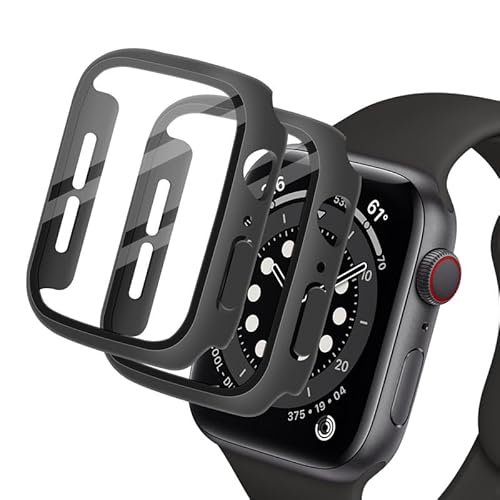 Wondoner Hülle mit Displayschutz für Apple Watch SE 2022 44mm Handyhülle Schutzfolie Apple Watch SE 2020 44mm Schutzhülle Case Apple Watch SE (2022/2020)/Series 6 5 4 44 mm, 9H- 2 Stück (Schwarz) von Wondoner