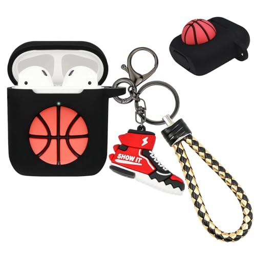 Wonhibo Basketball-Airpods-Hülle für Herren und Jungen, sportlich, coole schwarze Abdeckung für Apple Airpod 1 & 2, mit Schlüsselanhänger von Wonhibo