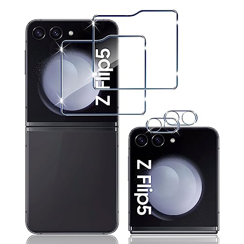 Wonsoso Schutzfolie Kompatibel für Samsung Galaxy Z Flip 5 für Panzerglas, 2 Stück 9H Härte Externe Panzerfolie, 2 Stück Kameraschutz, Anti-Kratzen, Anti-Bläschen, Ultra-Klar Displayschutzfolie von Wonsoso