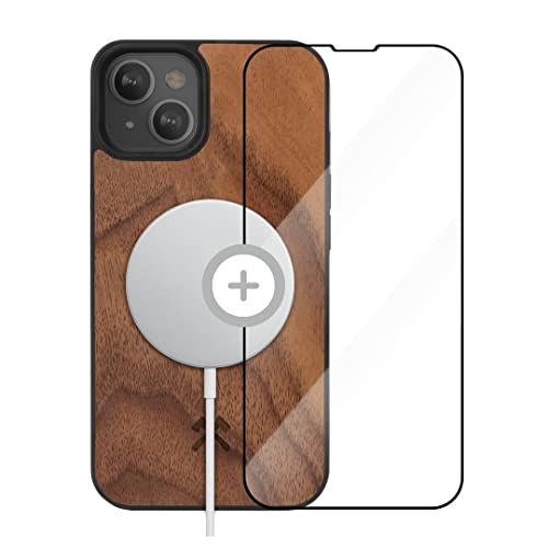 Woodcessories - Magnetisches Bumper Case für iPhone 14, iPhone 13, kompatibel mit MagSafe, Hülle mit Magnet aus Holz, Walnuss, inklusive Schutzglas von Woodcessories