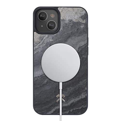 Woodcessories - Magnetisches Bumper Case für iPhone 14, iPhone 13 kompatibel mit MagSafe, Handyhülle mit Magnet aus Stein, Camo Grau von Woodcessories