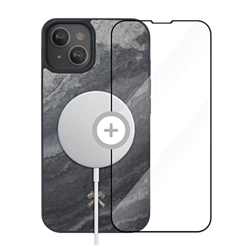 Woodcessories - Magnetisches Bumper Case für iPhone 14, iPhone 13 kompatibel mit MagSafe, Hülle mit Magnet aus Stein, Camo Grau, inklusive Schutzglas von Woodcessories