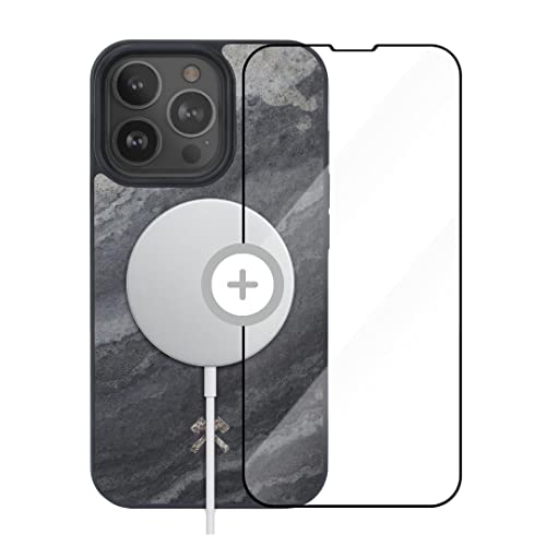 Woodcessories - Magnetisches Bumper Case für iPhone 14 Pro Max kompatibel mit MagSafe, Hülle mit Magnet aus Stein, Camo Grau, inklusive Schutzglas von Woodcessories