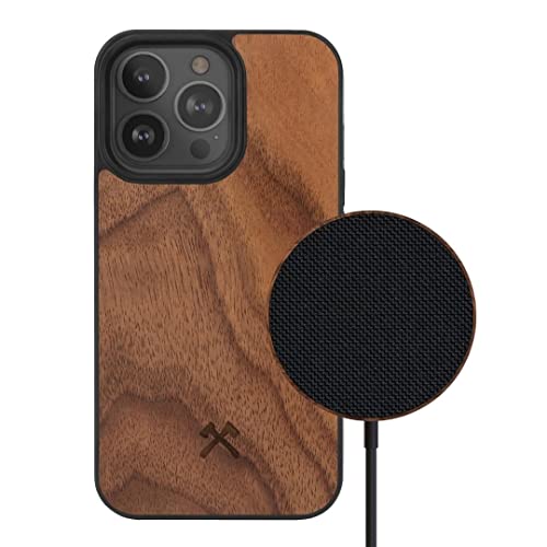 Woodcessories - Magnetisches Bumper Case für iPhone 14 Pro kompatibel mit MagSafe, Hülle mit Magnet, inkl. MagPad Ladegerät aus Holz, Walnuss von Woodcessories