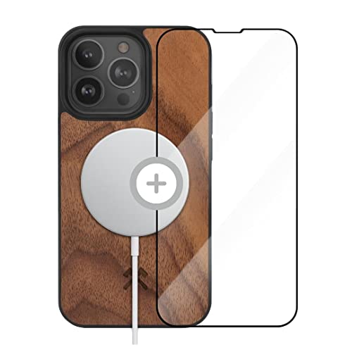 Woodcessories - Magnetisches Bumper Case für iPhone 14 Pro kompatibel mit MagSafe, Hülle mit Magnet aus Holz, Walnuss, inklusive Schutzglas von Woodcessories