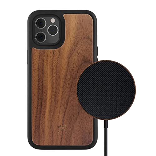 Woodcessories - Magnetisches Bumper Case kompatibel mit iPhone 12 Hülle mit Magnet, iPhone 12 Pro Hülle mit MagPad Ladegerät aus Holz, Walnuss von Woodcessories