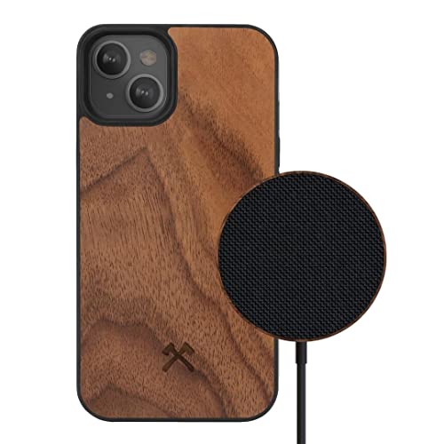 Woodcessories - Magnetisches Bumper Case kompatibel mit iPhone 13 Hülle mit MagPad Ladegerät aus Holz, Walnuss von Woodcessories