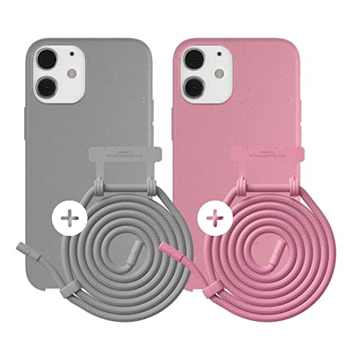 Woodcessories - Nachhaltige Handykette abnehmbar, 2er Pack kompatibel mit iPhone 12 Mini Hülle mit Band Grau & Pink - biologisch abbaubar von Woodcessories