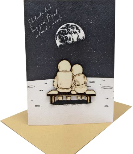 Besondere Liebes-Grußkarte mit Holzelement - Ich liebe dich bis zum Mond und wieder zurück - für Eltern, Kinder, Partner, Ehepartner, Freunde von Woodland Mail