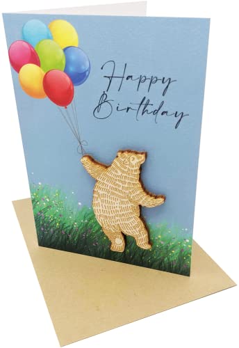 Happy Bear Geburtstagskarte mit Holzbär-Andenken auf der Vorderseite von Woodland Mail