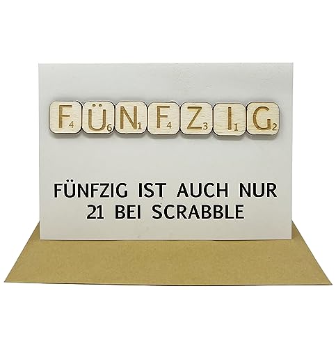 Woodland Mail Lustige Geburtstagskarte mit echten Holzsteinen auf der Vorderseite - Scrabble-Stil (50 Geburtstag) von Woodland Mail