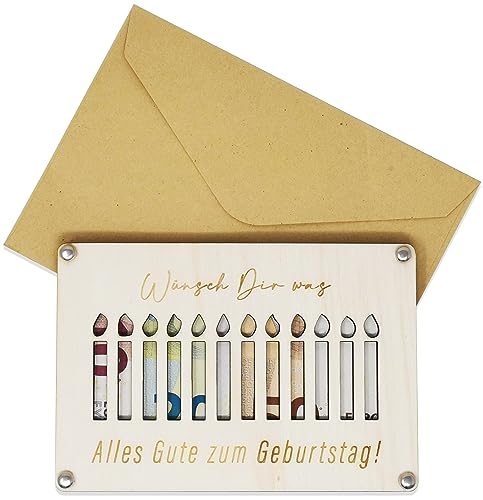 Woodland Mail Wunscherfüller Geldgeschenk aus Holz - Glück verschenken zum Geburtstag - Glücksbringer Grußkarte für Frauen und Männer (Kerzen) von Woodland Mail