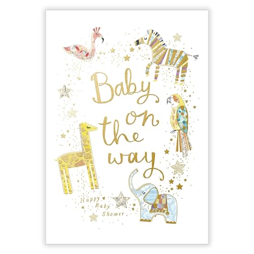 Glückwunschkarte für Babypartys – Baby on the Way – Safari-Tiere künstlerisches Design – spezielles Finish – hergestellt in Großbritannien – umweltfreundlich von Woodmansterne