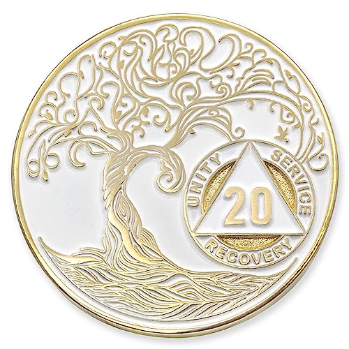 20 Year Sobriety Mint Twisted Tree of Life Gold Plated AA/NA Recovery Medallion/Chip/Token - White von Wooge