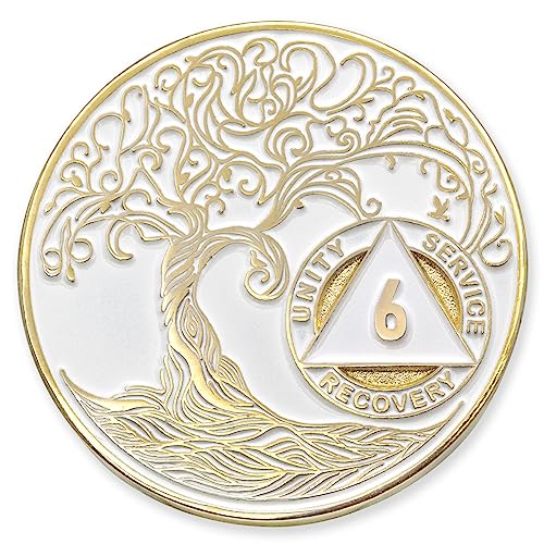 6 Year Sobriety Mint Twisted Tree of Life Gold Plated AA Recovery Medallion/Chip/Token - White von Wooge