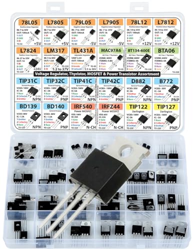 Power Transistor & Voltage Regulator, Mosfet, Thyristor Assortment Kit, 82 pcs, 24 Types, 78L05 L7805 L7905 LM317 TL431 MAC97A6 BTA06 TIP3c TIP41c TIP42c D882 BC140 IRF540 IRFZ44 TIP122 Others von Wooge