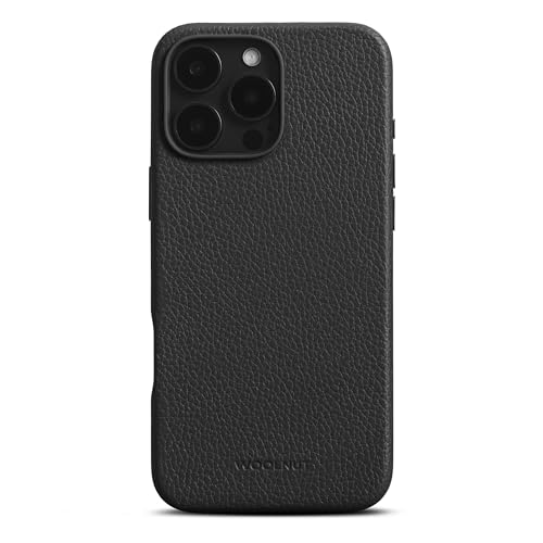 WOOLNUT Lederhülle für iPhone 16 Pro Max – Schwarz – Luxuriöse Hülle aus skandinavischem Vollnarbenleder, kompatibel mit MagSafe, schlankes Design mit Schutz für Kamera, Display und Aluminiumknöpfen von Woolnut