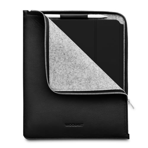 WOOLNUT Skandinavisches Vollnarbenleder Folio Cover für iPad Pro 13 Zoll & iPad Air 13 Zoll (M4,2024) - Schwarz, mit Stifthalter, Reißverschluss/Kompatibilität mit iPad Pro 12.9 Case mit iPad Air 13 von Woolnut