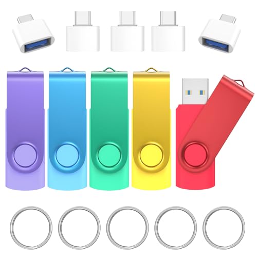USB 3.0 Stick 64GB 5 Stück, Wooolken High-Speed USB 3.0 Speicherstick mit 5 Stück USB-C Adapter & Schlüsselanhänger, kompatibel mit PC, Laptop, Auto, Spielkonsole von Wooolken